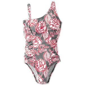 Garnet Hill Signature One-Shoulder Swimsuit Floral One Piece Stretch Fitted 14